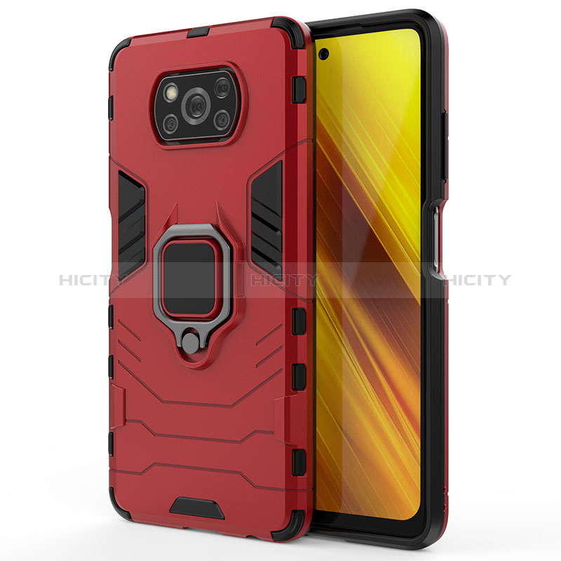 Coque Contour Silicone et Plastique Housse Etui Mat avec Magnetique Support Bague Anneau KC2 pour Xiaomi Poco X3 NFC Rouge Plus