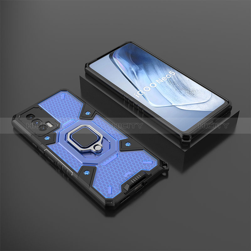 Coque Contour Silicone et Plastique Housse Etui Mat avec Magnetique Support Bague Anneau KC3 pour Vivo iQOO Neo5 5G Bleu Plus