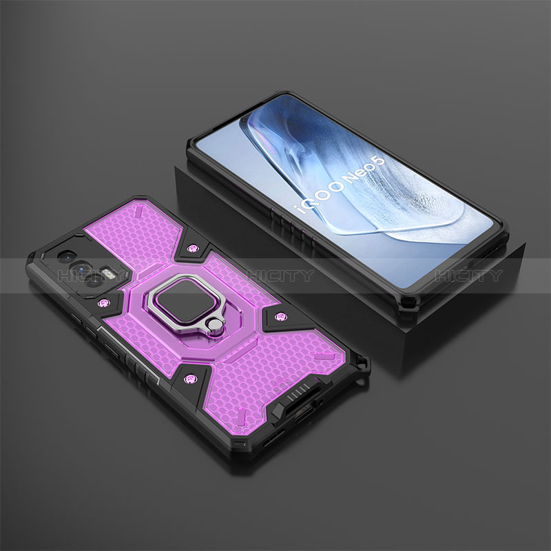 Coque Contour Silicone et Plastique Housse Etui Mat avec Magnetique Support Bague Anneau KC3 pour Vivo iQOO Neo5 5G Violet Plus