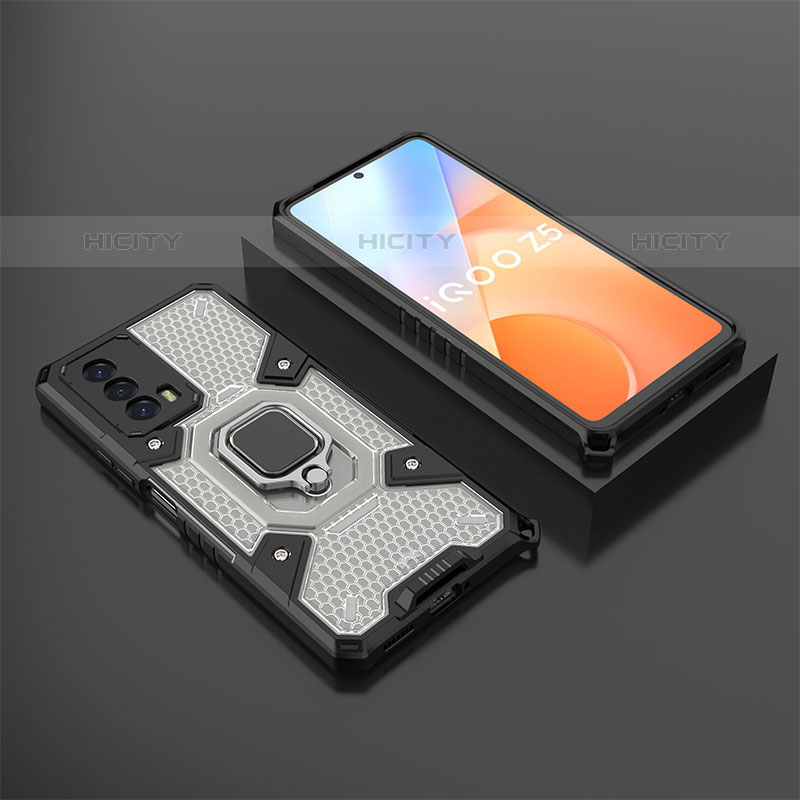 Coque Contour Silicone et Plastique Housse Etui Mat avec Magnetique Support Bague Anneau KC3 pour Vivo iQOO Z5 5G Noir Plus