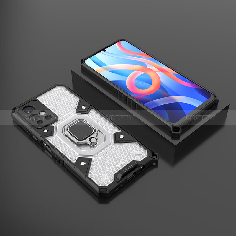 Coque Contour Silicone et Plastique Housse Etui Mat avec Magnetique Support Bague Anneau KC3 pour Xiaomi Poco M4 Pro 5G Blanc Plus