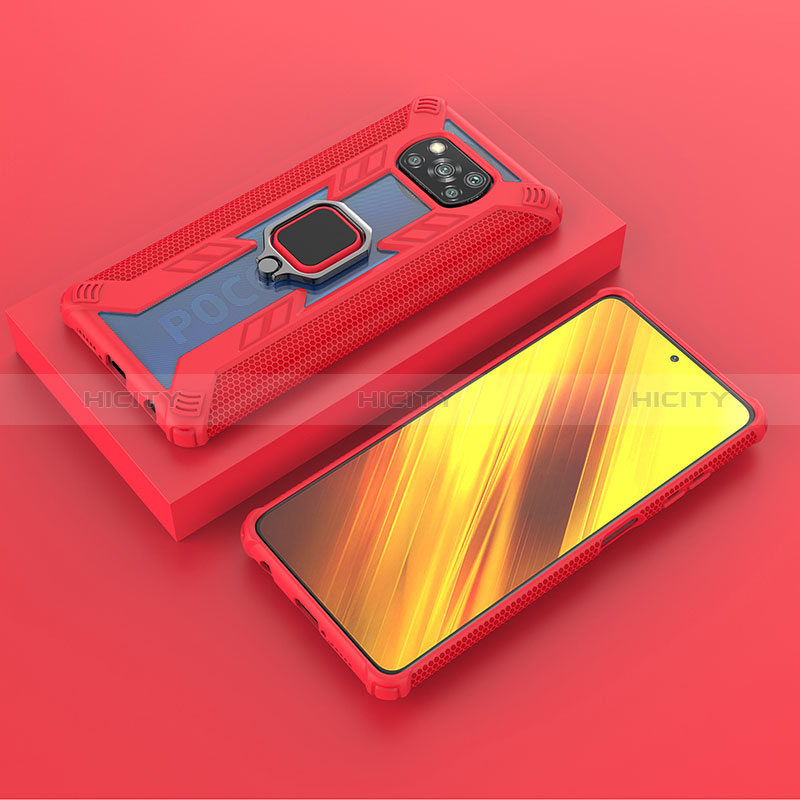 Coque Contour Silicone et Plastique Housse Etui Mat avec Magnetique Support Bague Anneau KC3 pour Xiaomi Poco X3 NFC Rouge Plus