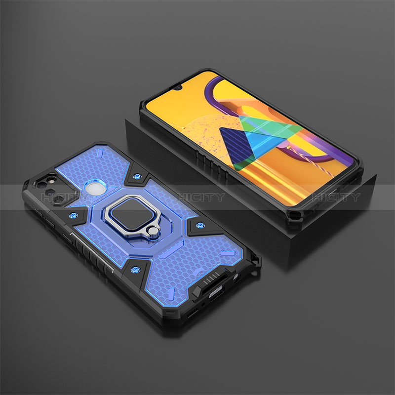 Coque Contour Silicone et Plastique Housse Etui Mat avec Magnetique Support Bague Anneau KC4 pour Samsung Galaxy M21 Bleu Plus