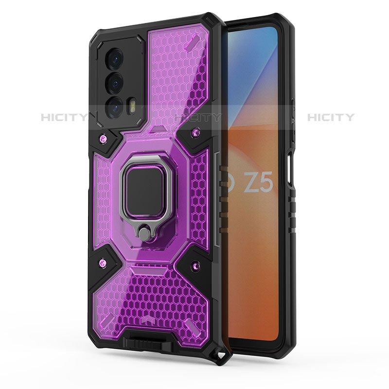 Coque Contour Silicone et Plastique Housse Etui Mat avec Magnetique Support Bague Anneau KC4 pour Vivo iQOO Z5 5G Violet Plus