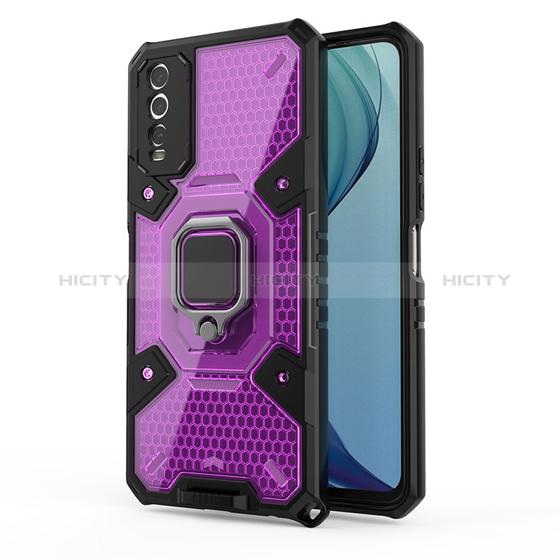 Coque Contour Silicone et Plastique Housse Etui Mat avec Magnetique Support Bague Anneau KC4 pour Vivo Y12s Violet Plus