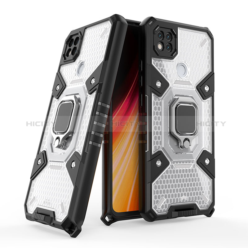 Coque Contour Silicone et Plastique Housse Etui Mat avec Magnetique Support Bague Anneau KC4 pour Xiaomi Redmi 9C NFC Blanc Plus