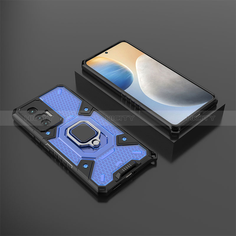 Coque Contour Silicone et Plastique Housse Etui Mat avec Magnetique Support Bague Anneau KC5 pour Vivo X70 5G Bleu Plus