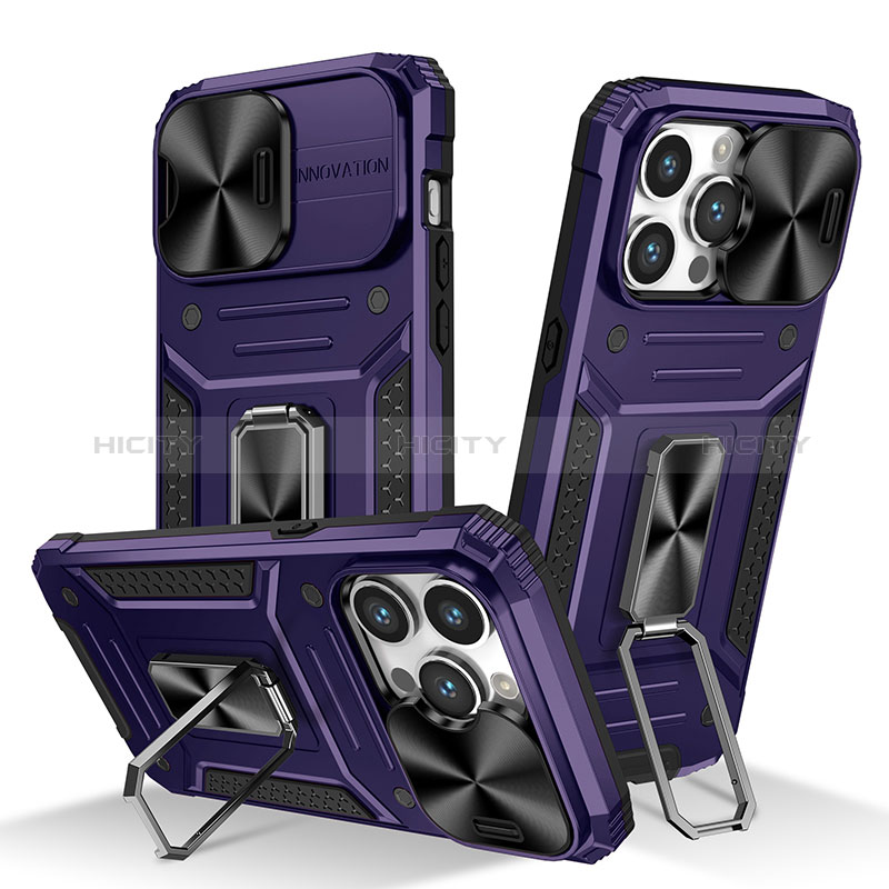 Coque Contour Silicone et Plastique Housse Etui Mat avec Magnetique Support Bague Anneau KC7 pour Apple iPhone 15 Pro Violet Plus