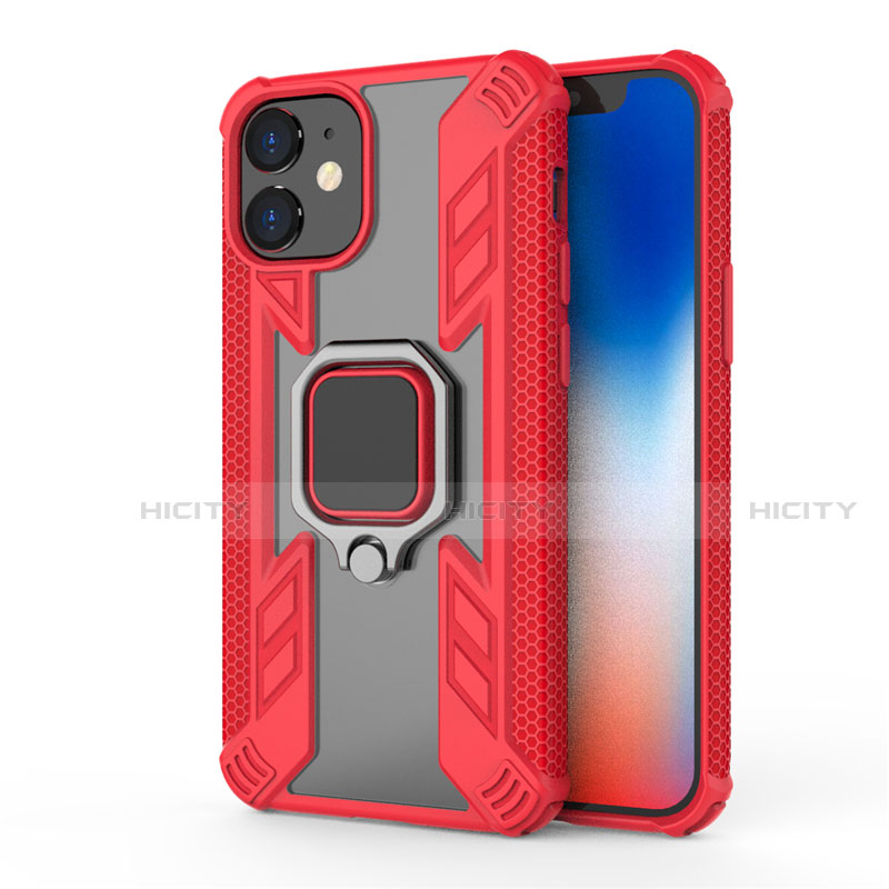 Coque Contour Silicone et Plastique Housse Etui Mat avec Magnetique Support Bague Anneau M01 pour Apple iPhone 12 Rouge Plus