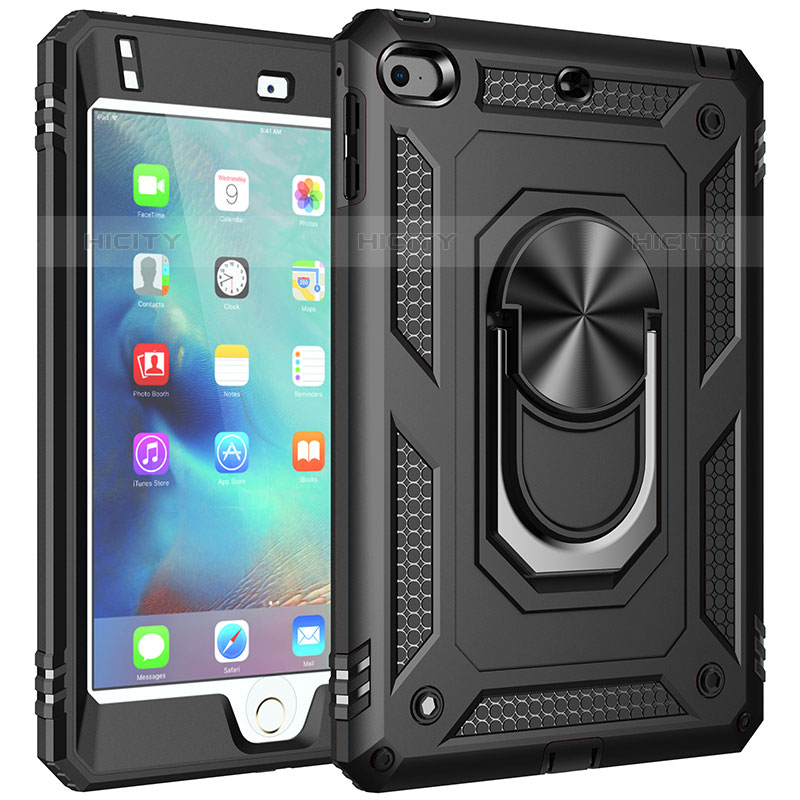 Coque Contour Silicone et Plastique Housse Etui Mat avec Magnetique Support Bague Anneau MQ1 pour Apple iPad Mini 4 Noir Plus