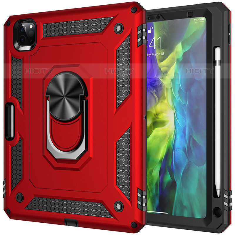 Coque Contour Silicone et Plastique Housse Etui Mat avec Magnetique Support Bague Anneau MQ1 pour Apple iPad Pro 11 (2020) Rouge Plus