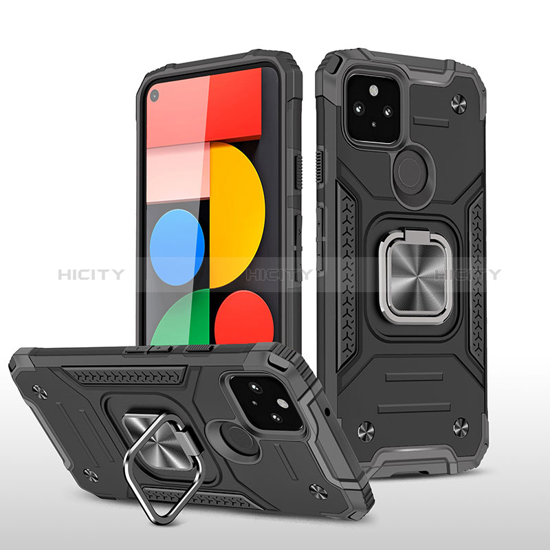 Coque Contour Silicone et Plastique Housse Etui Mat avec Magnetique Support Bague Anneau MQ1 pour Google Pixel 5 Noir Plus