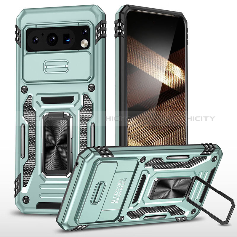 Coque Contour Silicone et Plastique Housse Etui Mat avec Magnetique Support Bague Anneau MQ1 pour Google Pixel 8 Pro 5G Cyan Plus