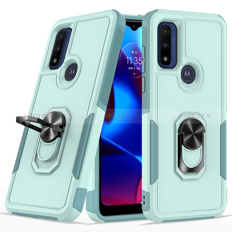 Coque Contour Silicone et Plastique Housse Etui Mat avec Magnetique Support Bague Anneau MQ1 pour Motorola Moto G Play (2023) Cyan Plus