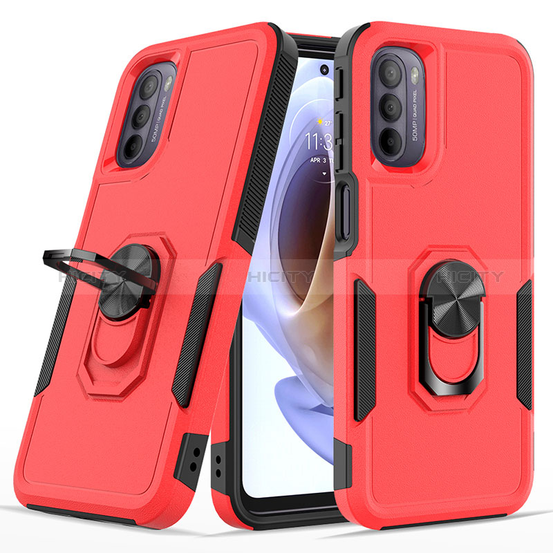 Coque Contour Silicone et Plastique Housse Etui Mat avec Magnetique Support Bague Anneau MQ1 pour Motorola Moto G41 Rouge Plus