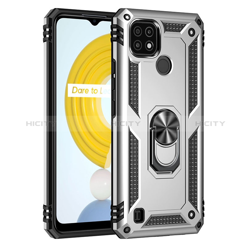 Coque Contour Silicone et Plastique Housse Etui Mat avec Magnetique Support Bague Anneau MQ1 pour Realme C21 Argent Plus