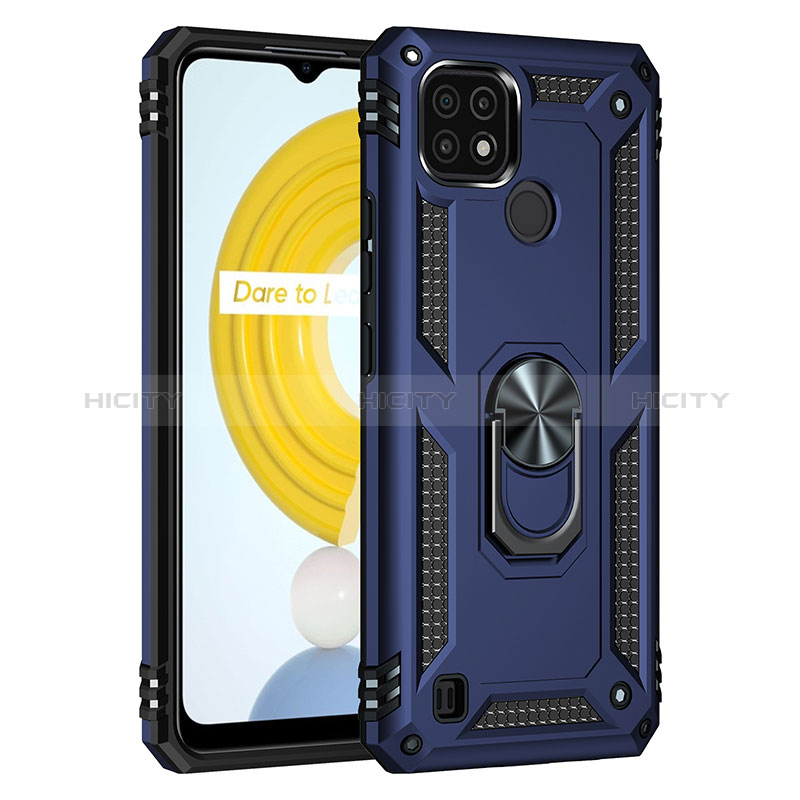 Coque Contour Silicone et Plastique Housse Etui Mat avec Magnetique Support Bague Anneau MQ1 pour Realme C21 Bleu Plus