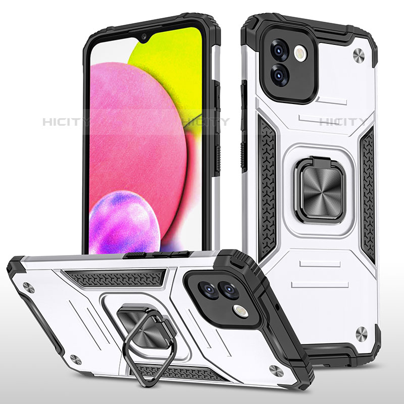 Coque Contour Silicone et Plastique Housse Etui Mat avec Magnetique Support Bague Anneau MQ1 pour Samsung Galaxy A03 Argent Plus