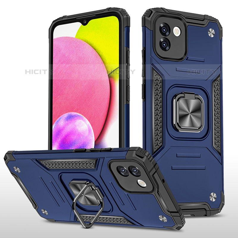 Coque Contour Silicone et Plastique Housse Etui Mat avec Magnetique Support Bague Anneau MQ1 pour Samsung Galaxy A03 Bleu Plus