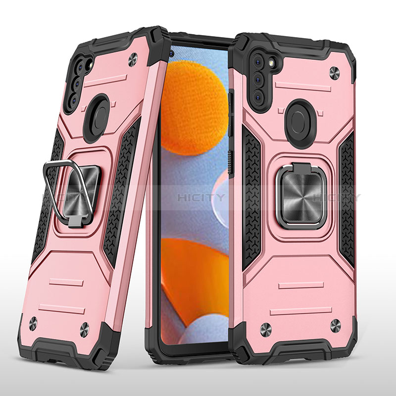 Coque Contour Silicone et Plastique Housse Etui Mat avec Magnetique Support Bague Anneau MQ1 pour Samsung Galaxy A11 Or Rose Plus