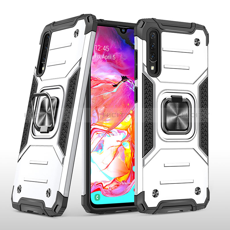 Coque Contour Silicone et Plastique Housse Etui Mat avec Magnetique Support Bague Anneau MQ1 pour Samsung Galaxy A70S Argent Plus