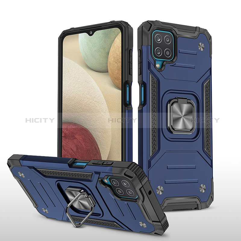 Coque Contour Silicone et Plastique Housse Etui Mat avec Magnetique Support Bague Anneau MQ1 pour Samsung Galaxy F12 Bleu Plus