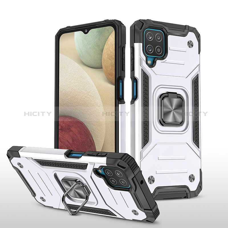 Coque Contour Silicone et Plastique Housse Etui Mat avec Magnetique Support Bague Anneau MQ1 pour Samsung Galaxy M12 Argent Plus