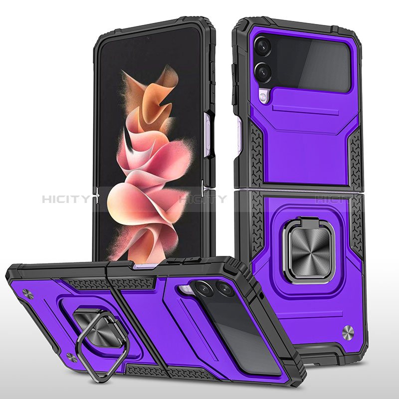 Coque Contour Silicone et Plastique Housse Etui Mat avec Magnetique Support Bague Anneau MQ1 pour Samsung Galaxy Z Flip3 5G Violet Plus