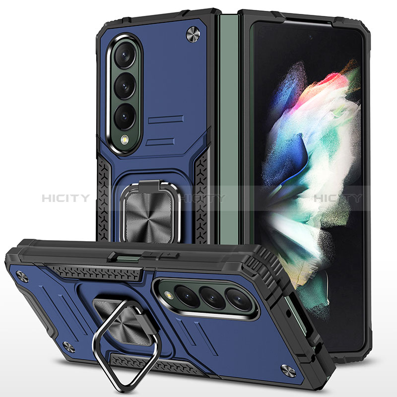 Coque Contour Silicone et Plastique Housse Etui Mat avec Magnetique Support Bague Anneau MQ1 pour Samsung Galaxy Z Fold3 5G Bleu Plus