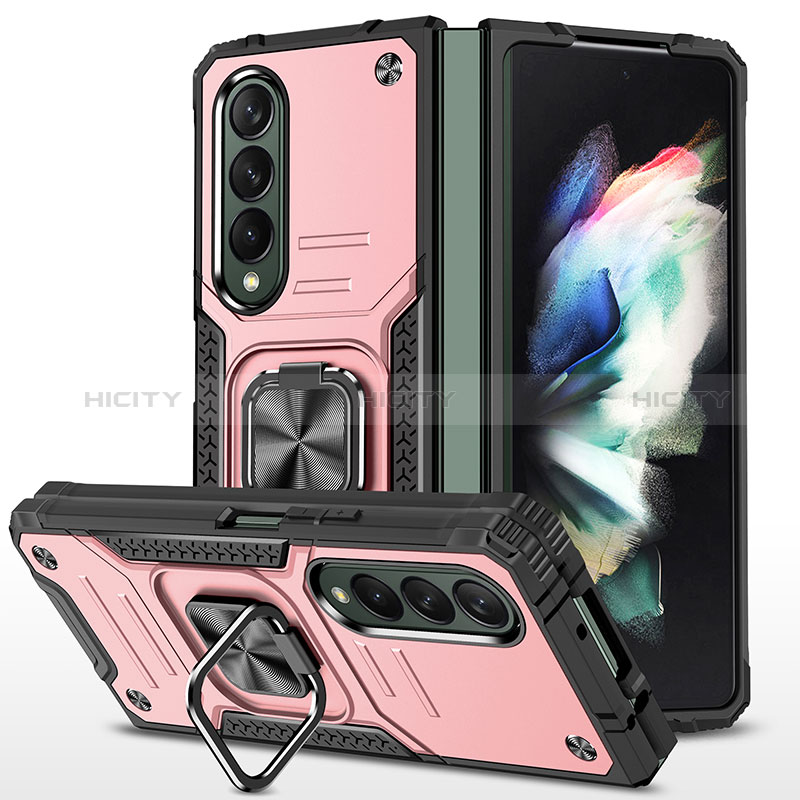 Coque Contour Silicone et Plastique Housse Etui Mat avec Magnetique Support Bague Anneau MQ1 pour Samsung Galaxy Z Fold3 5G Or Rose Plus