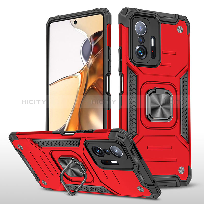 Coque Contour Silicone et Plastique Housse Etui Mat avec Magnetique Support Bague Anneau MQ1 pour Xiaomi Mi 11T 5G Rouge Plus