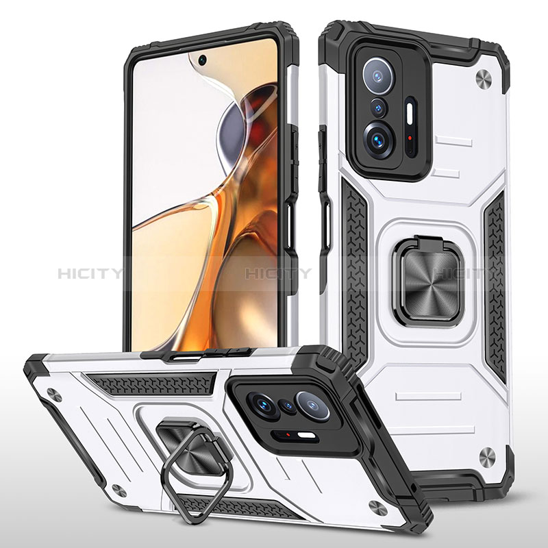 Coque Contour Silicone et Plastique Housse Etui Mat avec Magnetique Support Bague Anneau MQ1 pour Xiaomi Mi 11T Pro 5G Argent Plus