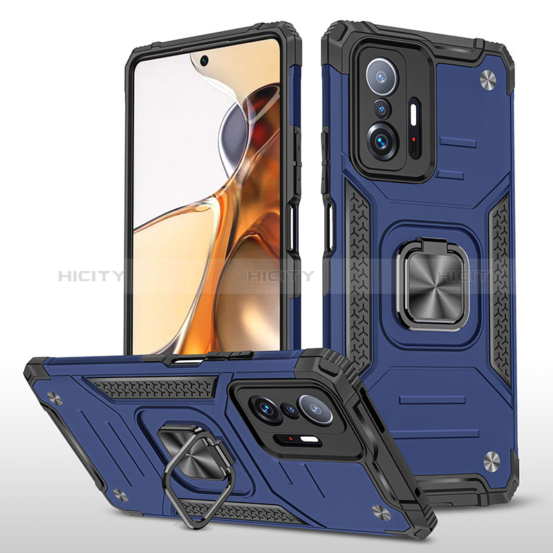 Coque Contour Silicone et Plastique Housse Etui Mat avec Magnetique Support Bague Anneau MQ1 pour Xiaomi Mi 11T Pro 5G Bleu Plus