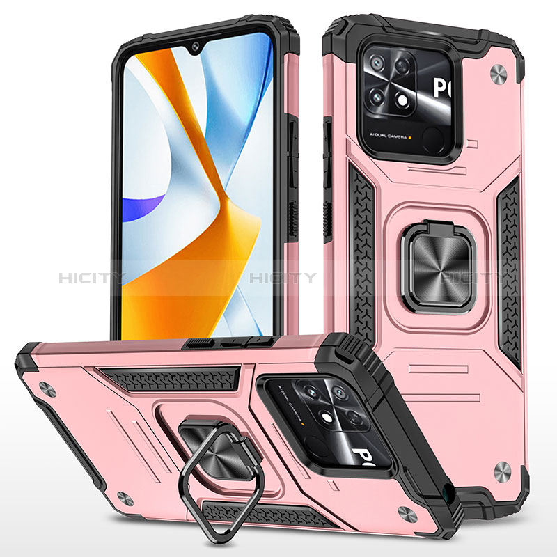 Coque Contour Silicone et Plastique Housse Etui Mat avec Magnetique Support Bague Anneau MQ1 pour Xiaomi Poco C40 Or Rose Plus