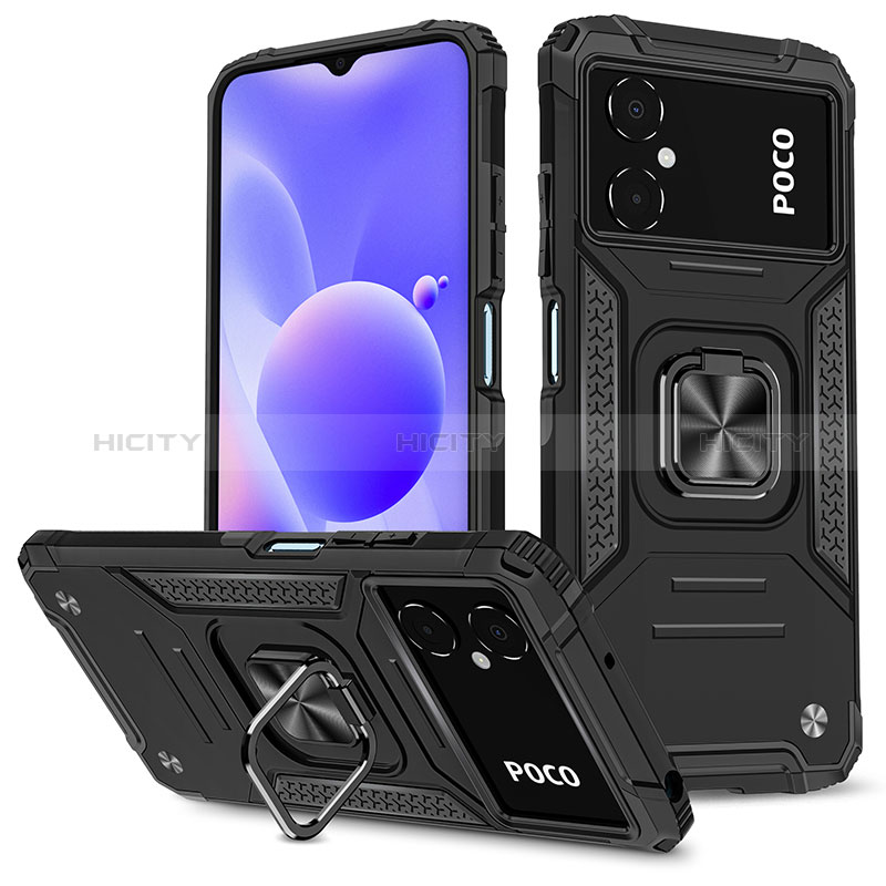 Coque Contour Silicone et Plastique Housse Etui Mat avec Magnetique Support Bague Anneau MQ1 pour Xiaomi Poco M4 5G Noir Plus