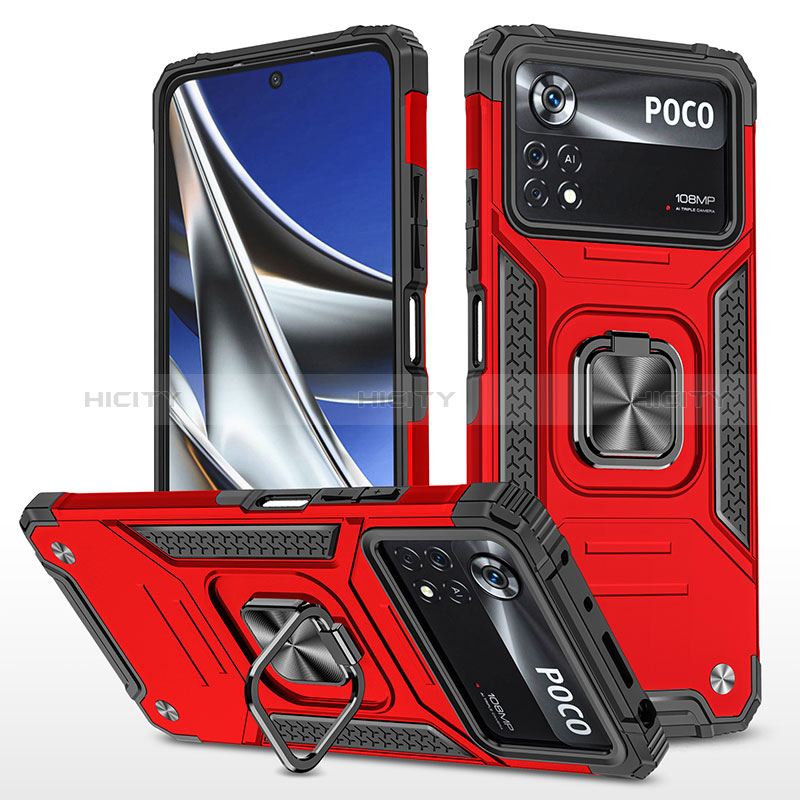 Coque Contour Silicone et Plastique Housse Etui Mat avec Magnetique Support Bague Anneau MQ1 pour Xiaomi Poco X4 Pro 5G Rouge Plus