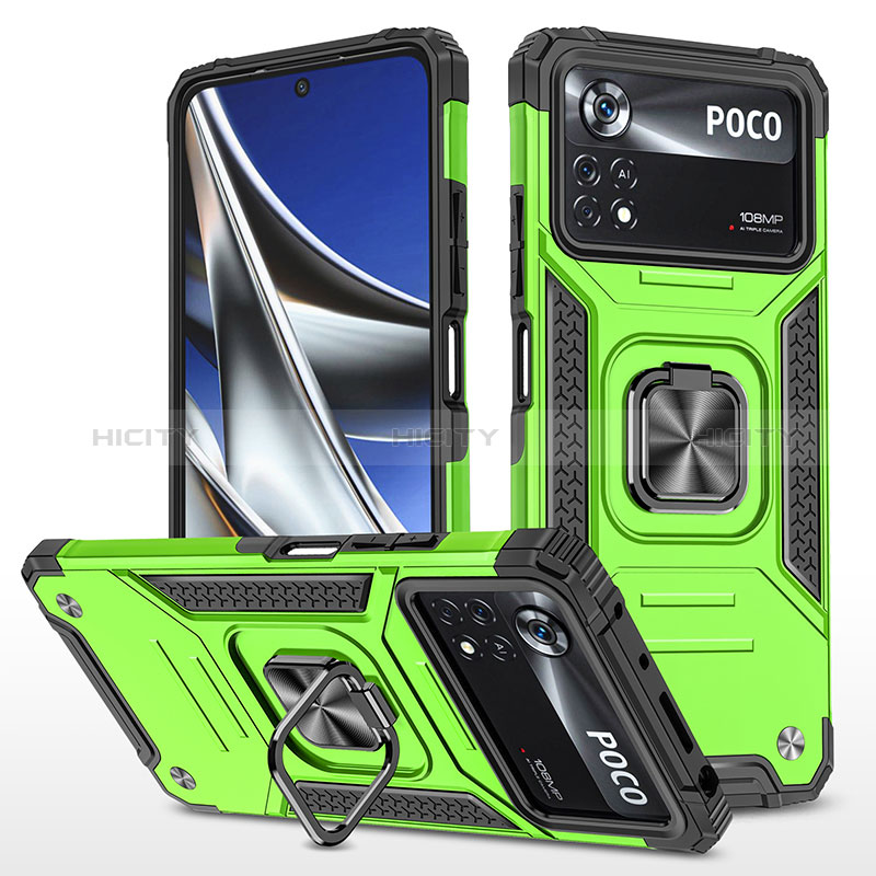 Coque Contour Silicone et Plastique Housse Etui Mat avec Magnetique Support Bague Anneau MQ1 pour Xiaomi Poco X4 Pro 5G Vert Plus