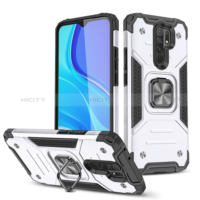 Coque Contour Silicone et Plastique Housse Etui Mat avec Magnetique Support Bague Anneau MQ1 pour Xiaomi Redmi 9 Prime India Argent Plus