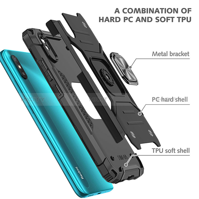 Coque Contour Silicone et Plastique Housse Etui Mat avec Magnetique Support Bague Anneau MQ1 pour Xiaomi Redmi 9A Plus