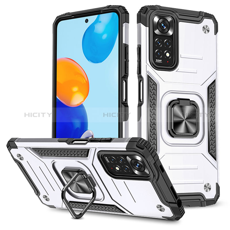 Coque Contour Silicone et Plastique Housse Etui Mat avec Magnetique Support Bague Anneau MQ1 pour Xiaomi Redmi Note 11 4G (2022) Argent Plus