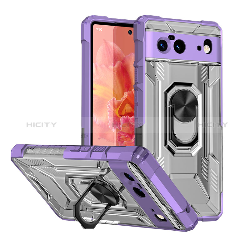 Coque Contour Silicone et Plastique Housse Etui Mat avec Magnetique Support Bague Anneau MQ2 pour Google Pixel 6 5G Violet Plus