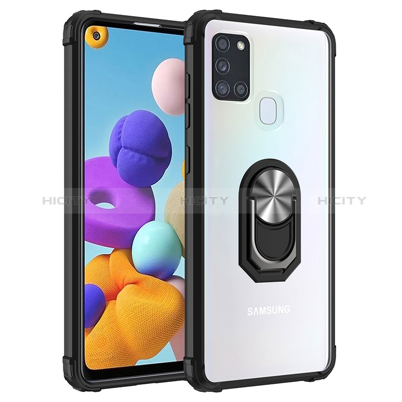 Coque Contour Silicone et Plastique Housse Etui Mat avec Magnetique Support Bague Anneau MQ2 pour Samsung Galaxy A21s Argent et Noir Plus