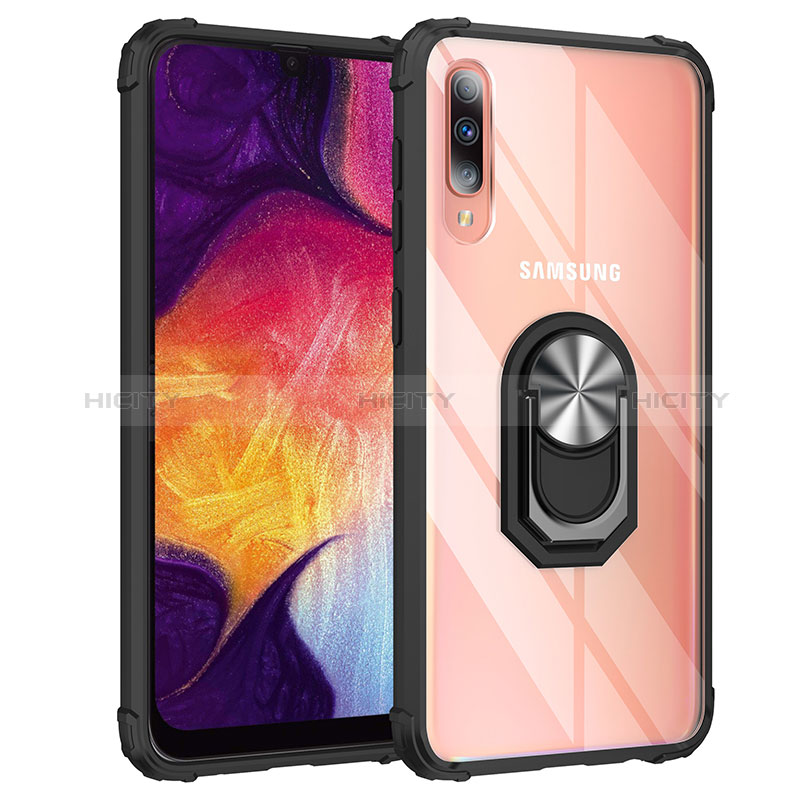 Coque Contour Silicone et Plastique Housse Etui Mat avec Magnetique Support Bague Anneau MQ2 pour Samsung Galaxy A50 Argent et Noir Plus