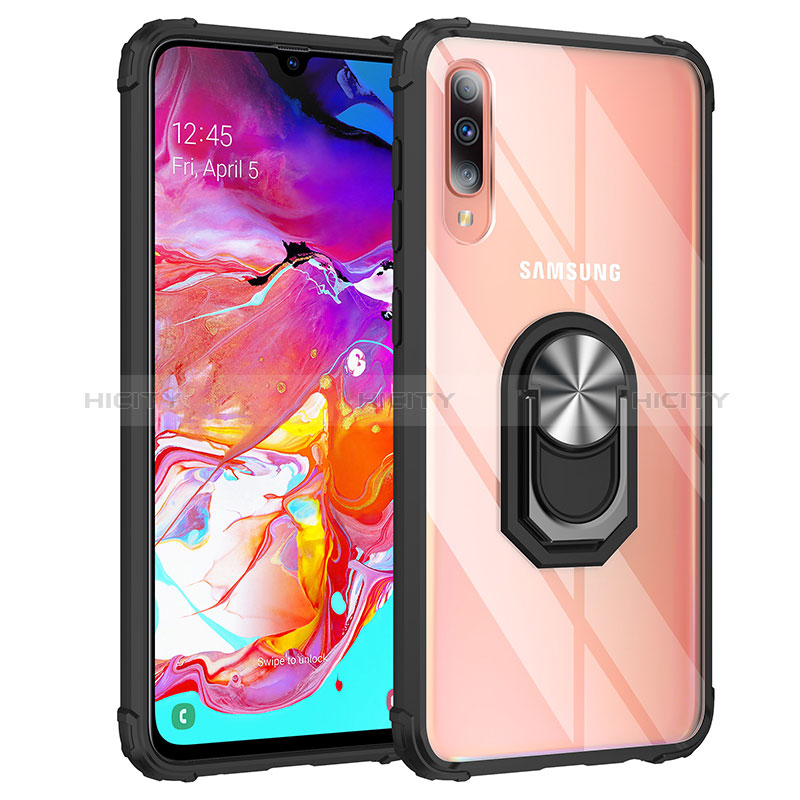 Coque Contour Silicone et Plastique Housse Etui Mat avec Magnetique Support Bague Anneau MQ2 pour Samsung Galaxy A70S Argent et Noir Plus