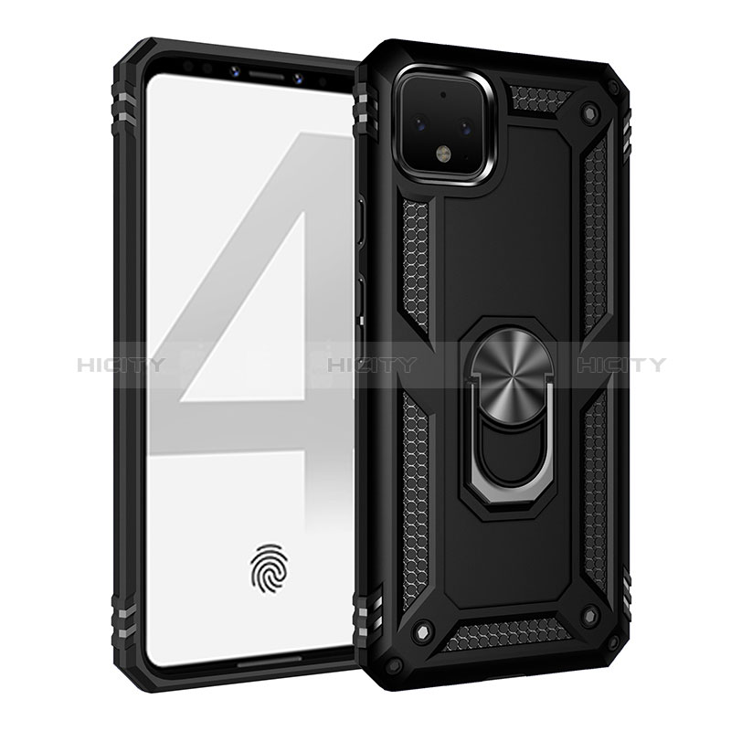 Coque Contour Silicone et Plastique Housse Etui Mat avec Magnetique Support Bague Anneau MQ3 pour Google Pixel 4 Noir Plus