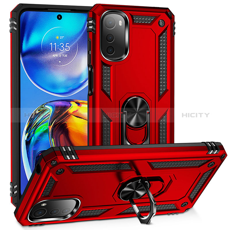 Coque Contour Silicone et Plastique Housse Etui Mat avec Magnetique Support Bague Anneau MQ3 pour Motorola Moto E32 Rouge Plus