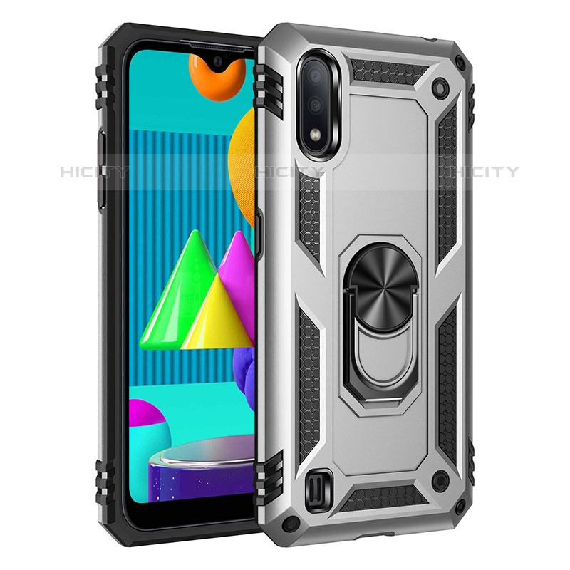 Coque Contour Silicone et Plastique Housse Etui Mat avec Magnetique Support Bague Anneau MQ3 pour Samsung Galaxy M01 Argent Plus