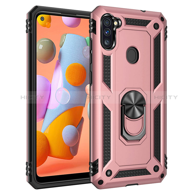 Coque Contour Silicone et Plastique Housse Etui Mat avec Magnetique Support Bague Anneau MQ3 pour Samsung Galaxy M11 Or Rose Plus