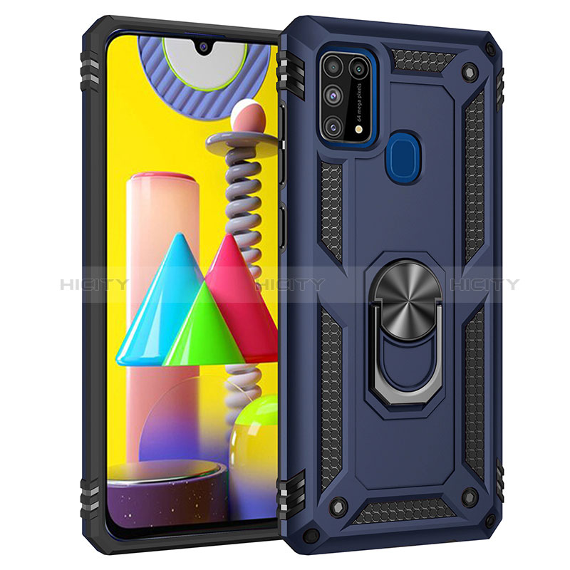 Coque Contour Silicone et Plastique Housse Etui Mat avec Magnetique Support Bague Anneau MQ3 pour Samsung Galaxy M21s Bleu Plus