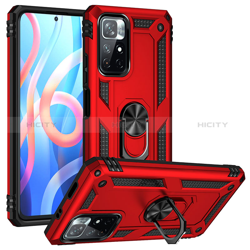 Coque Contour Silicone et Plastique Housse Etui Mat avec Magnetique Support Bague Anneau MQ3 pour Xiaomi Poco M4 Pro 5G Rouge Plus